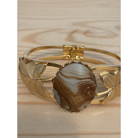 Gold-Tone Leaf & Faux Stone Inlay Hinged Bracelet With Secure Hinged Clasp - Picture 7 of 7